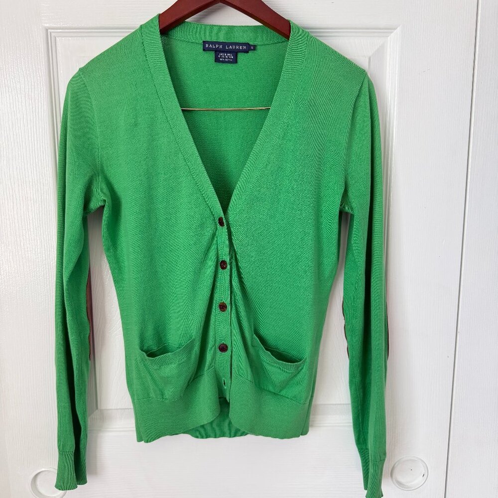 Blue Label Ralph Lauren Italian Cotton Leather Elbow Patch Cardigan Small